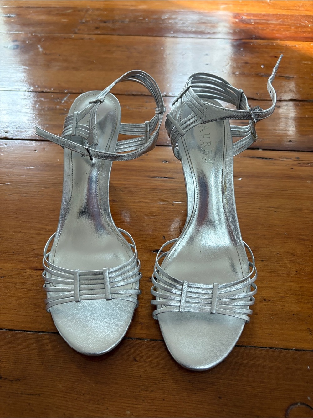 Lauren Ralph Lauren Silver Strappy Ankle-Heel Sandals